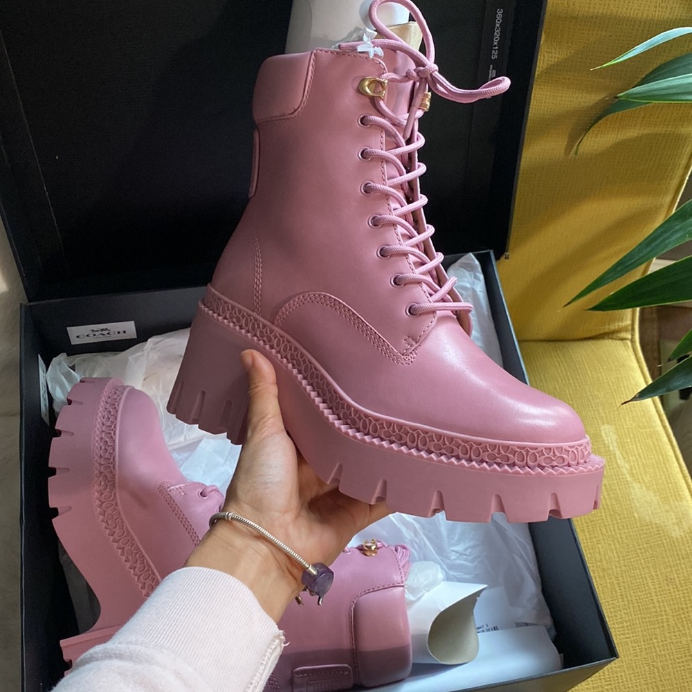 COACH Pink Ainsely Leather Lug Sole Combat Platform Boots 7.5